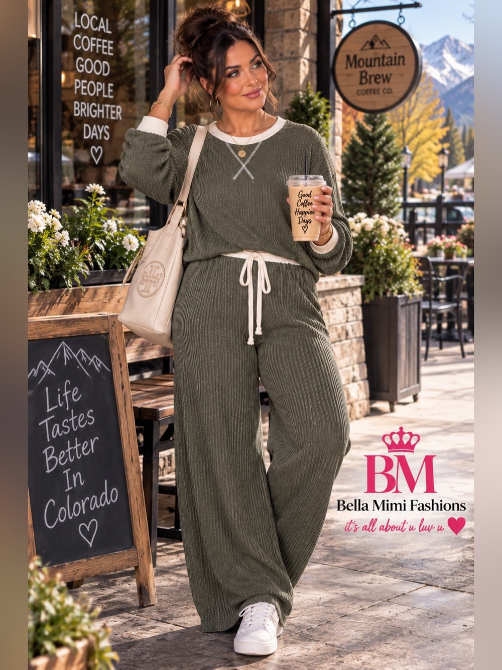 💚 Zenana Outfitters Olive Green Ribbed Wide-Leg Lounge Pants Set 1X 💚BRB SL 10